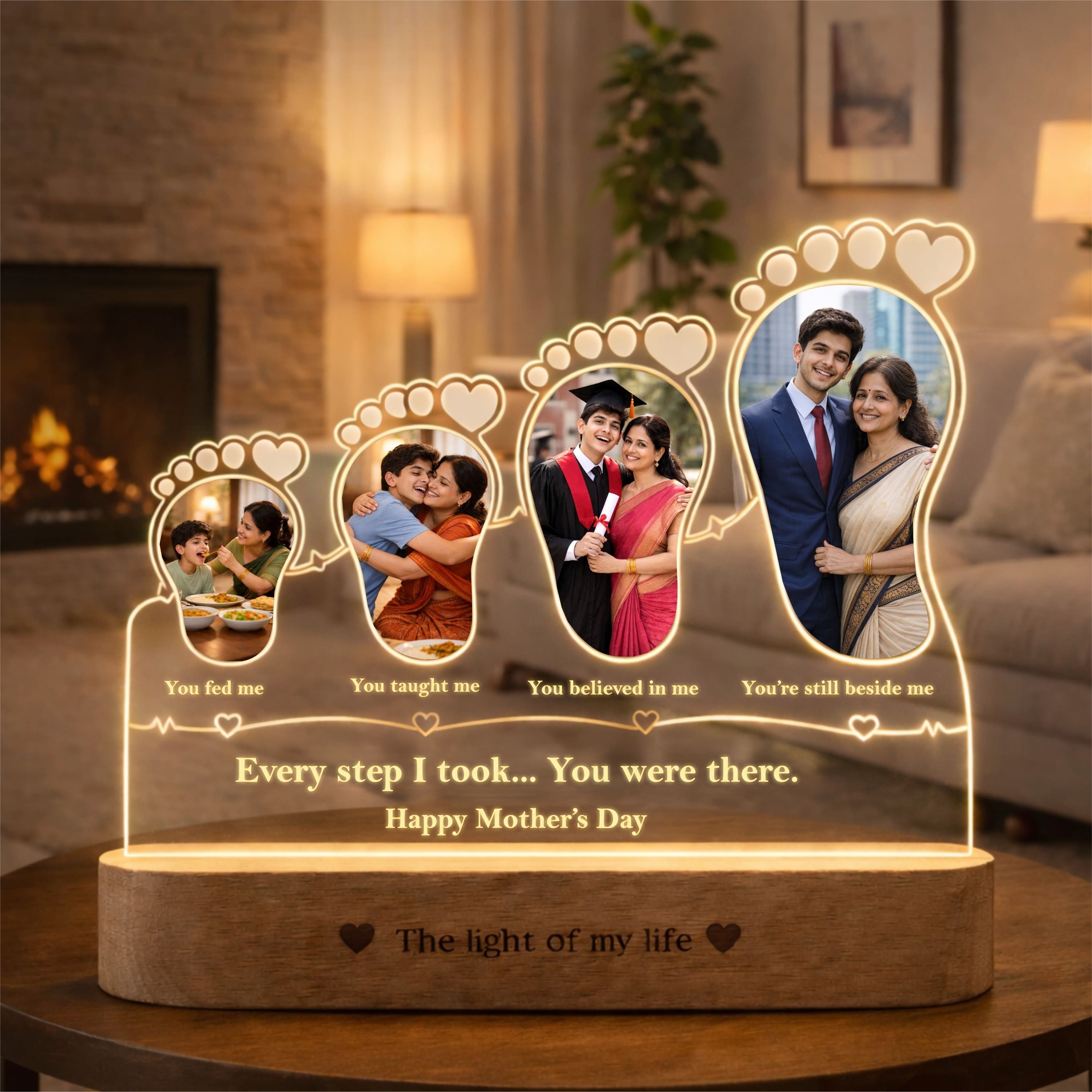 Because of You, Mom – Personalized 4 Photo LED Lamp for Mom | Mother’s Day Gift Idea (8x7 Inch Acrylic Lamp)