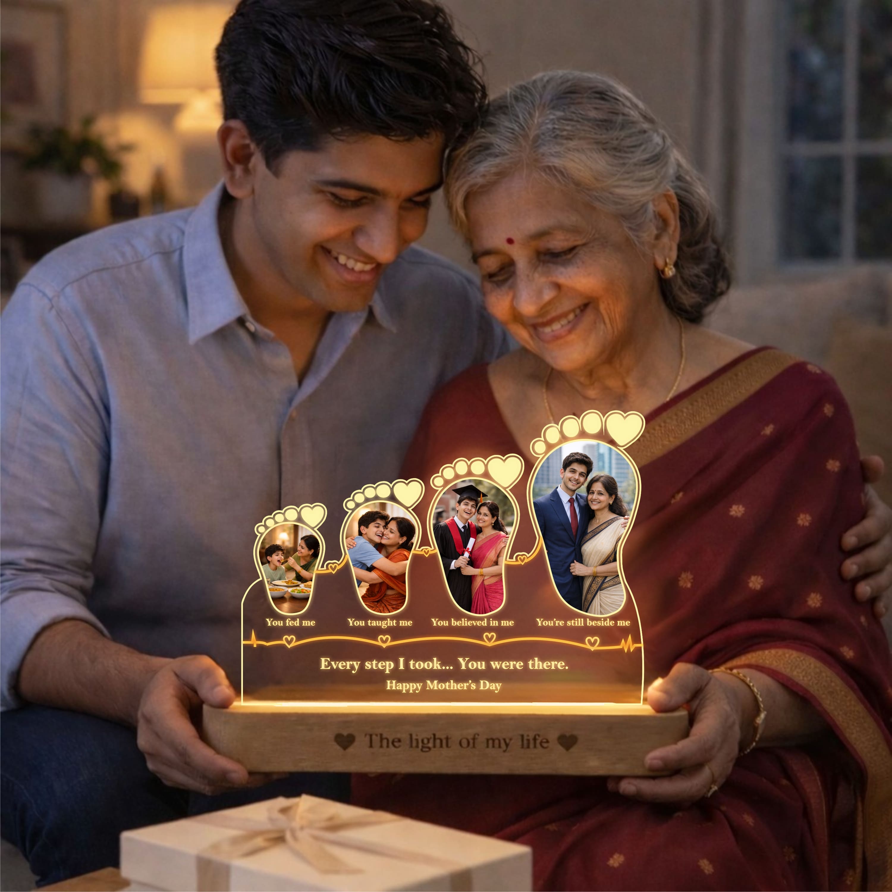 Because of You, Mom – Personalized 4 Photo LED Lamp for Mom | Mother’s Day Gift Idea (8x7 Inch Acrylic Lamp)