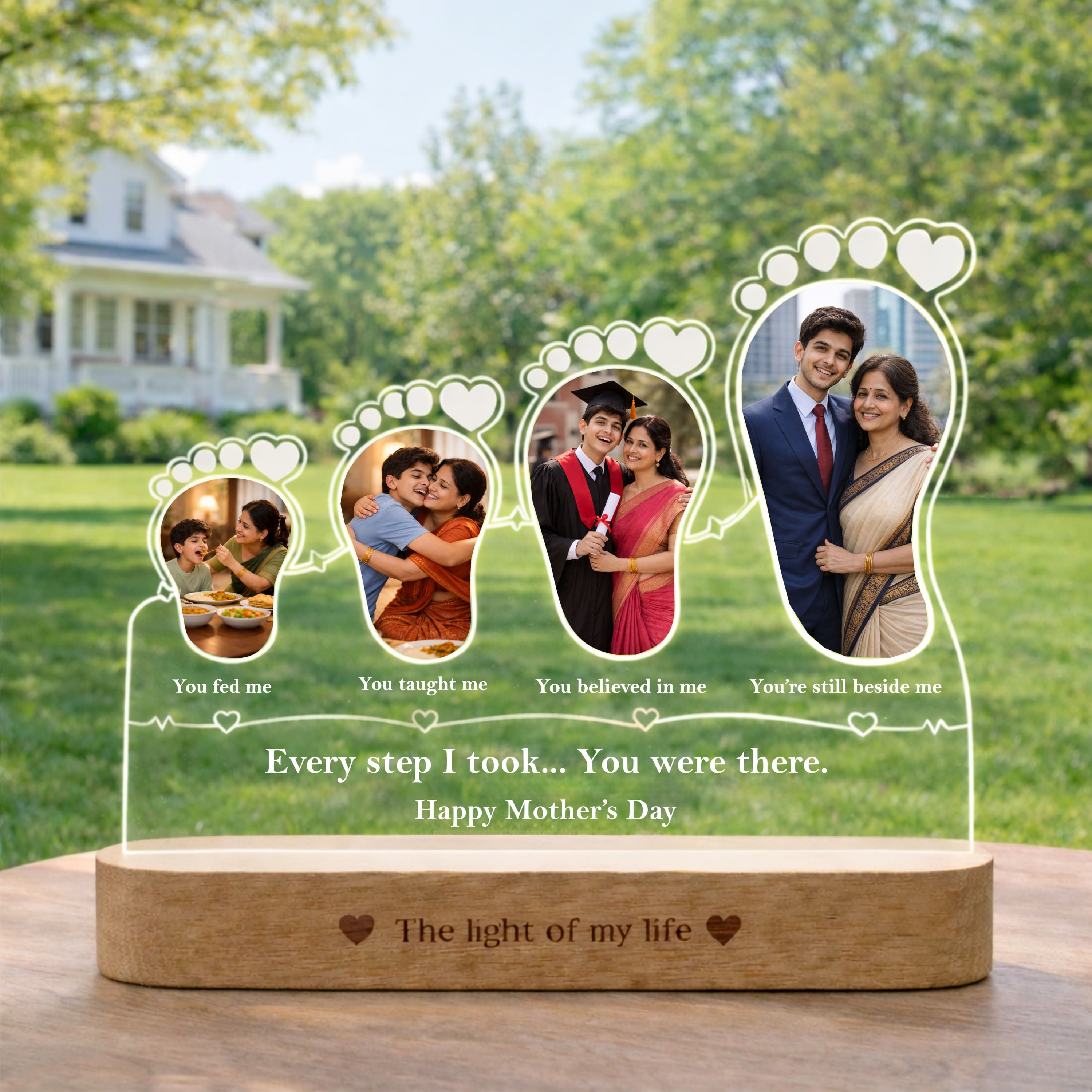 Because of You, Mom – Personalized 4 Photo LED Lamp for Mom | Mother’s Day Gift Idea (8x7 Inch Acrylic Lamp)