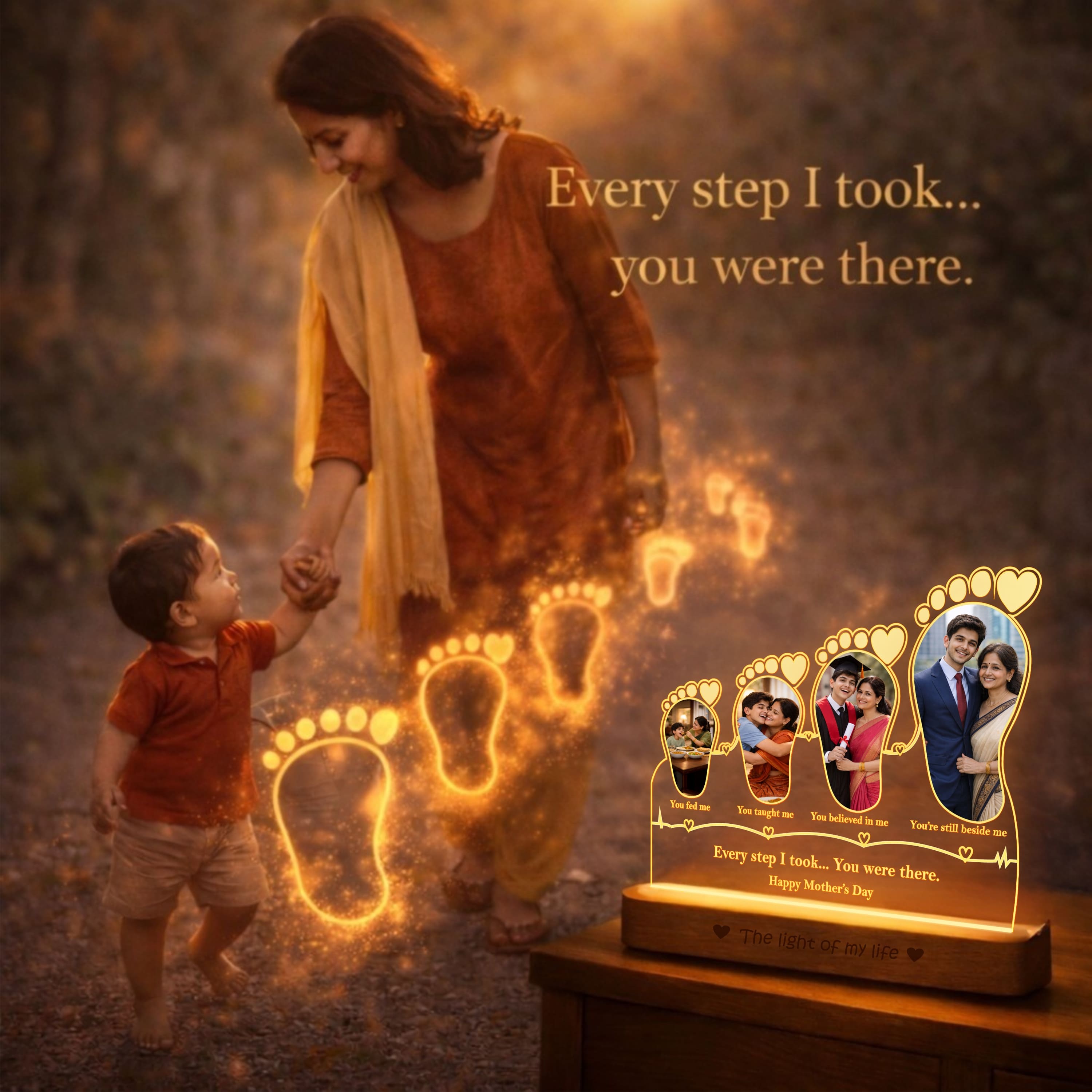 Because of You, Mom – Personalized 4 Photo LED Lamp for Mom | Mother’s Day Gift Idea (8x7 Inch Acrylic Lamp)
