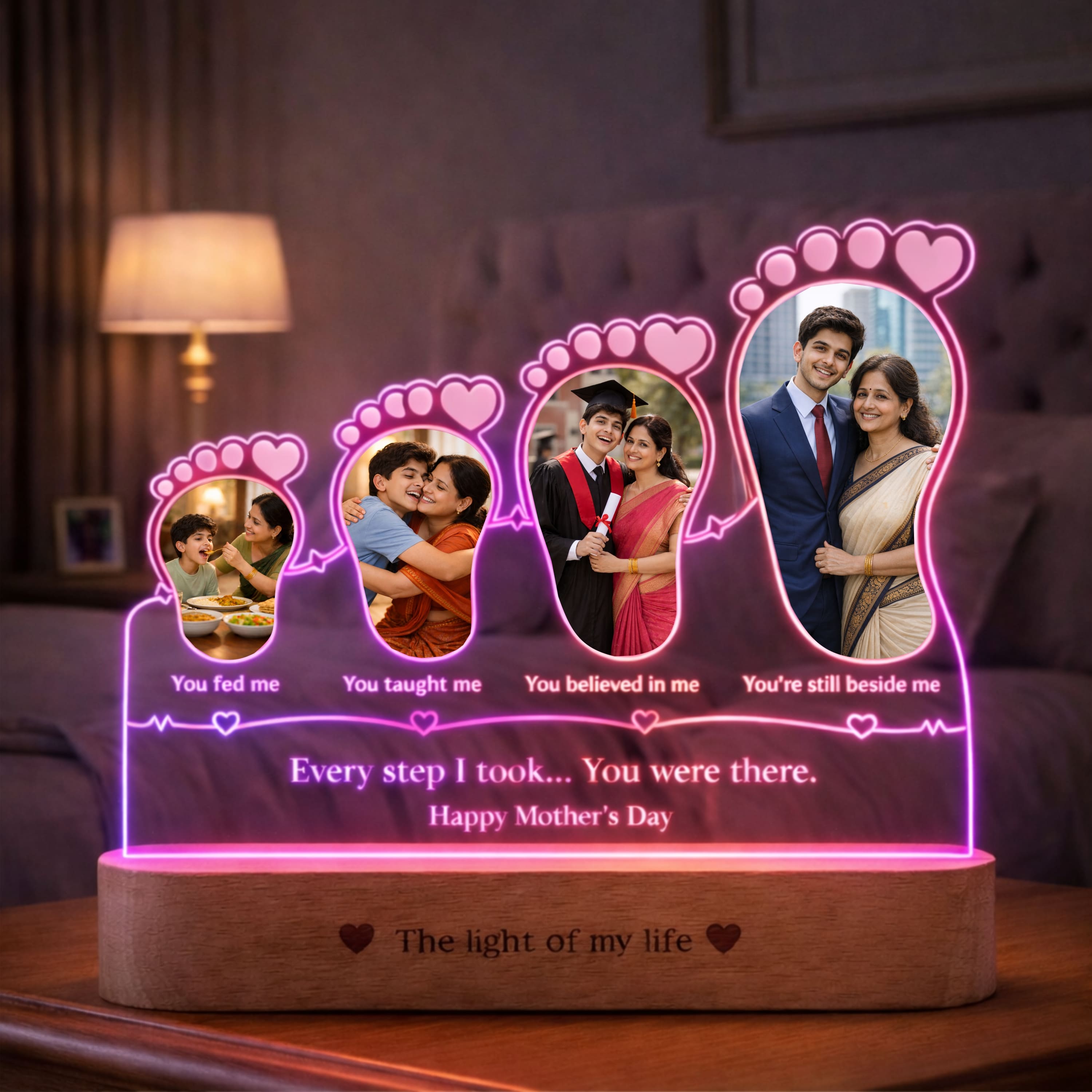 Because of You, Mom – Personalized 4 Photo LED Lamp for Mom | Mother’s Day Gift Idea (8x7 Inch Acrylic Lamp)