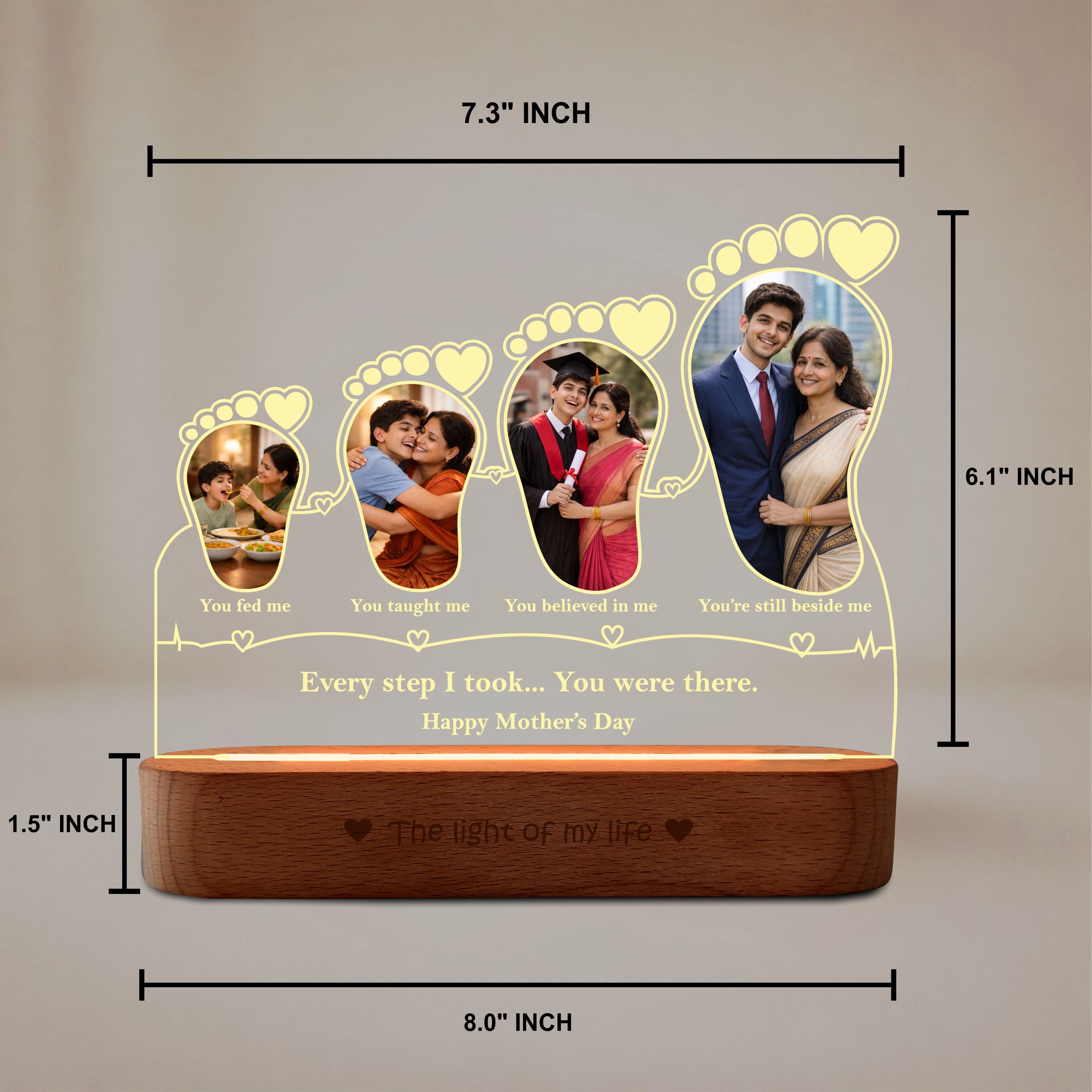 Because of You, Mom – Personalized 4 Photo LED Lamp for Mom | Mother’s Day Gift Idea (8x7 Inch Acrylic Lamp)