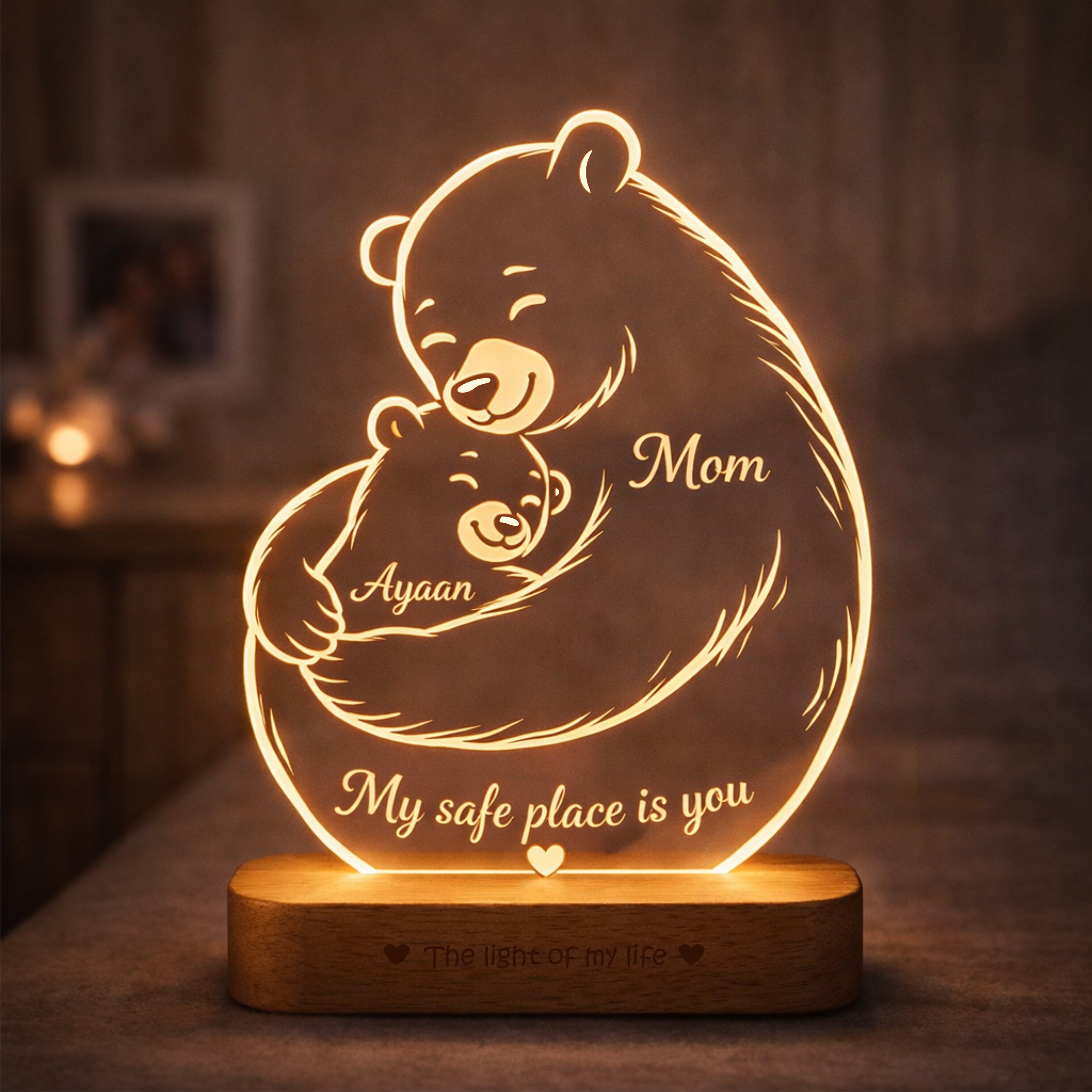 Mamma Bear Hug Lamp – Personalized LED Acrylic Night Lamp for Mom | Custom Name Gift | ‘My Safe Place Is You’ Mother’s Day, Birthday, Emotional Gift for Mom