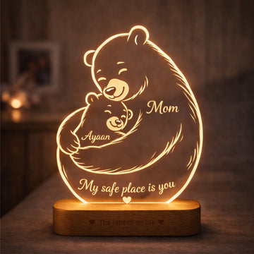 Mamma Bear Hug Lamp – Personalized LED Acrylic Night Lamp for Mom | Custom Name Gift | ‘My Safe Place Is You’ Mother’s Day, Birthday, Emotional Gift for Mom