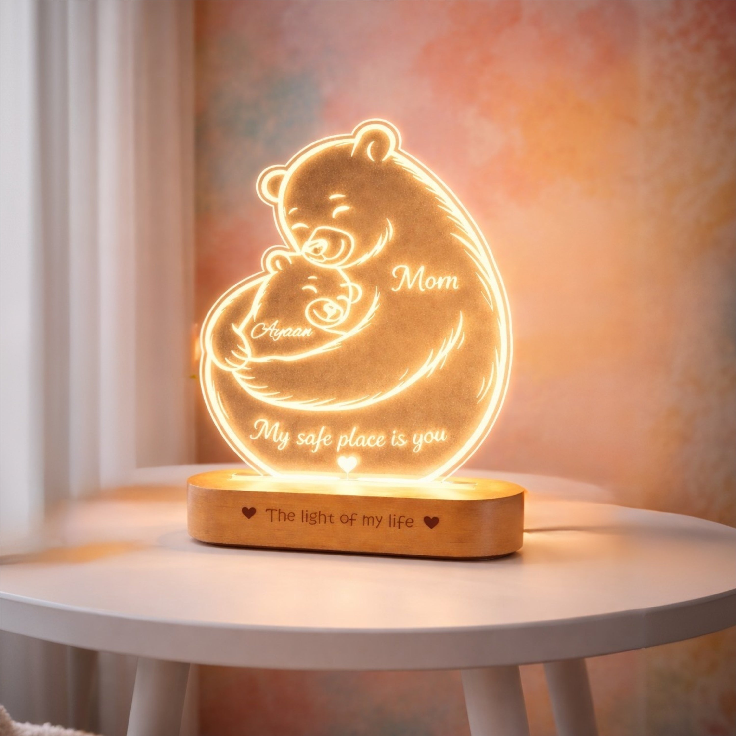 Mamma Bear Hug Lamp – Personalized LED Acrylic Night Lamp for Mom | Custom Name Gift | ‘My Safe Place Is You’ Mother’s Day, Birthday, Emotional Gift for Mom