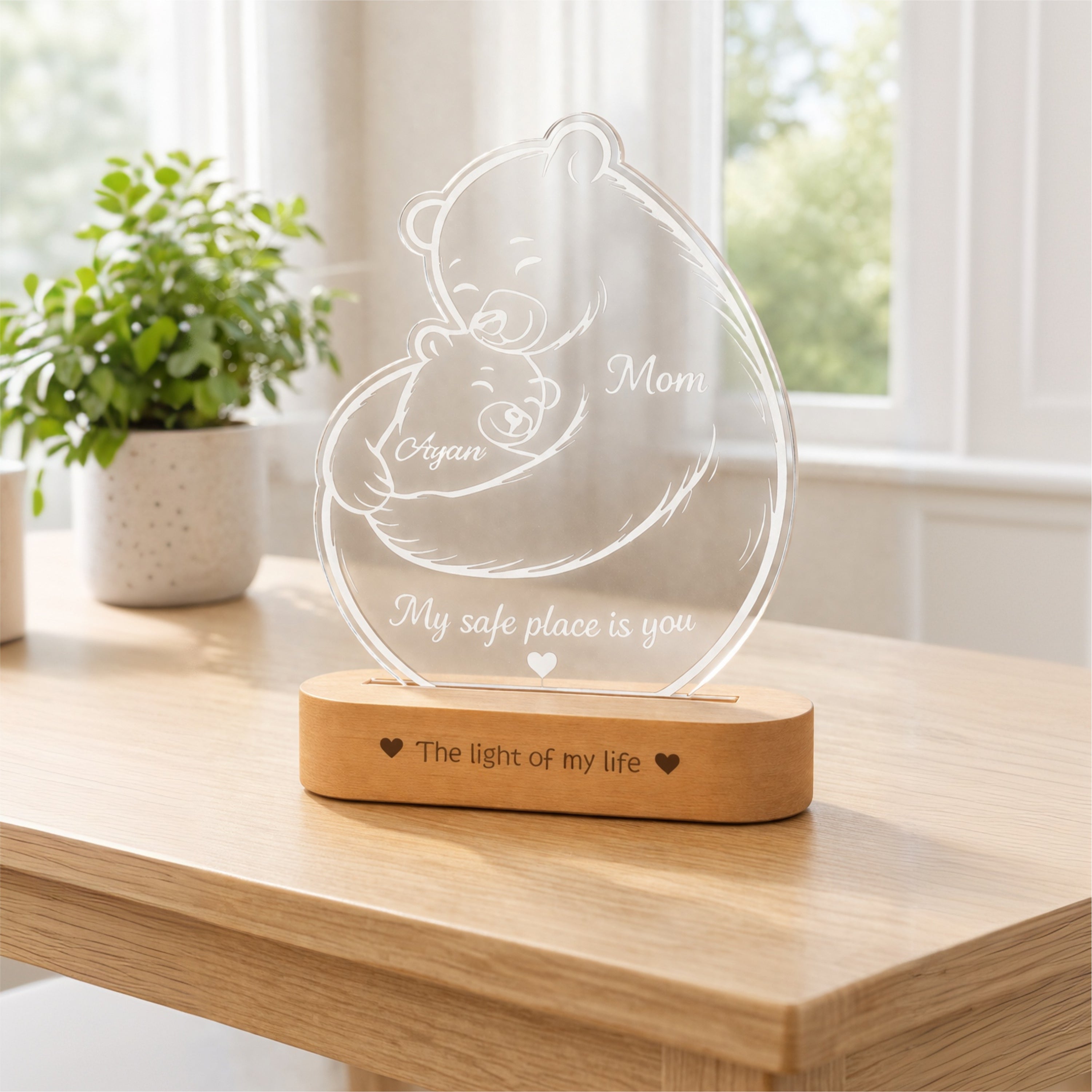 Mamma Bear Hug Lamp – Personalized LED Acrylic Night Lamp for Mom | Custom Name Gift | ‘My Safe Place Is You’ Mother’s Day, Birthday, Emotional Gift for Mom