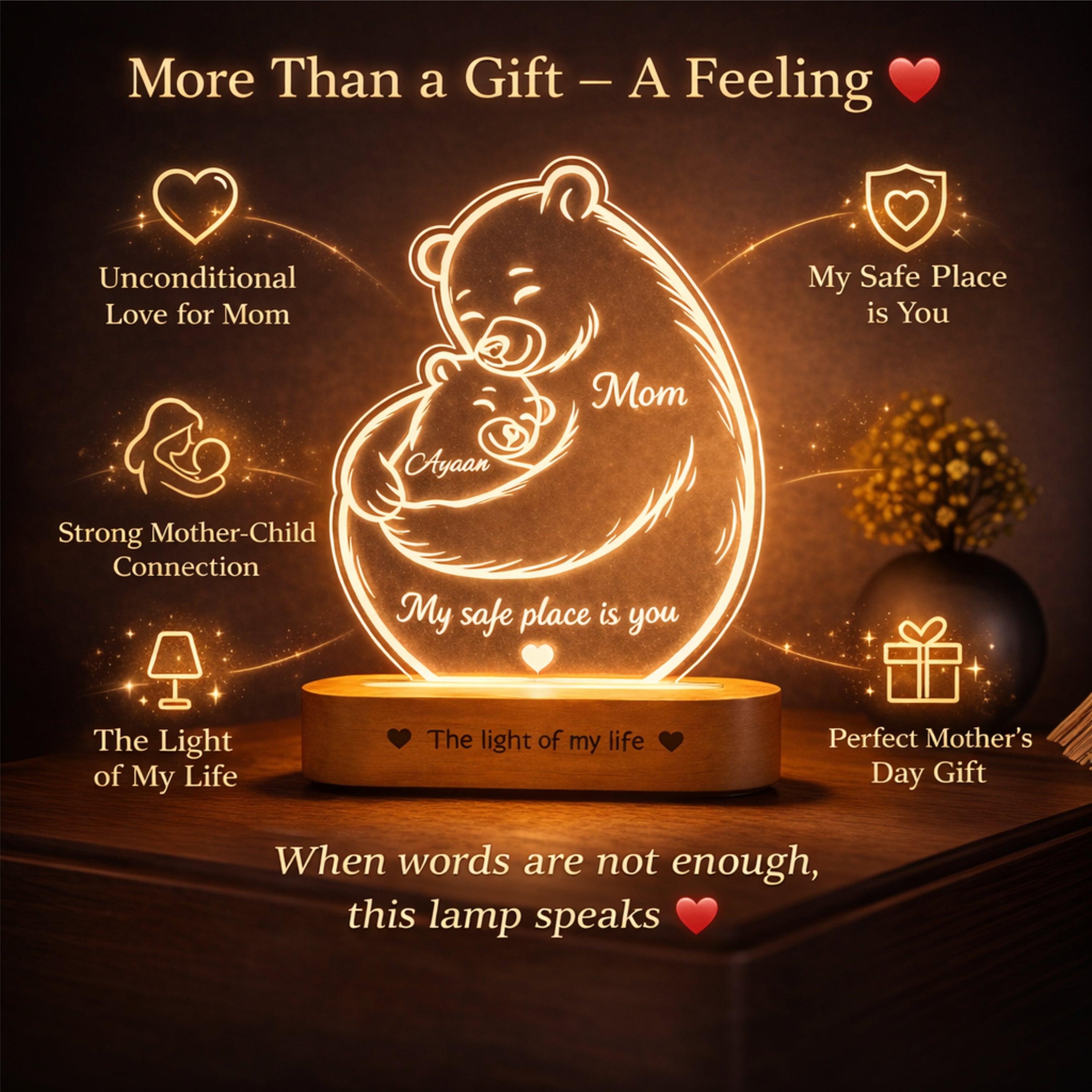 Mamma Bear Hug Lamp – Personalized LED Acrylic Night Lamp for Mom | Custom Name Gift | ‘My Safe Place Is You’ Mother’s Day, Birthday, Emotional Gift for Mom