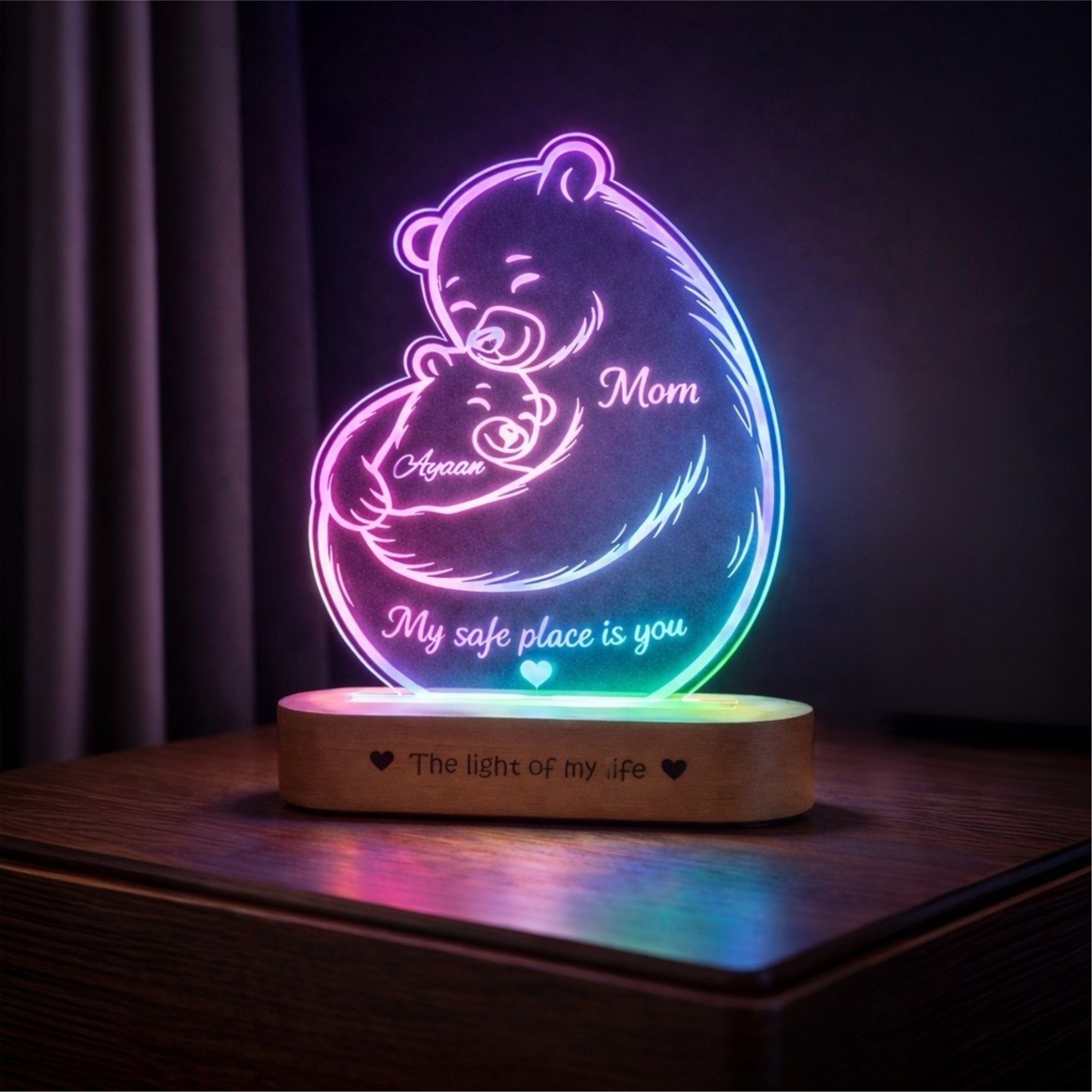 Mamma Bear Hug Lamp – Personalized LED Acrylic Night Lamp for Mom | Custom Name Gift | ‘My Safe Place Is You’ Mother’s Day, Birthday, Emotional Gift for Mom