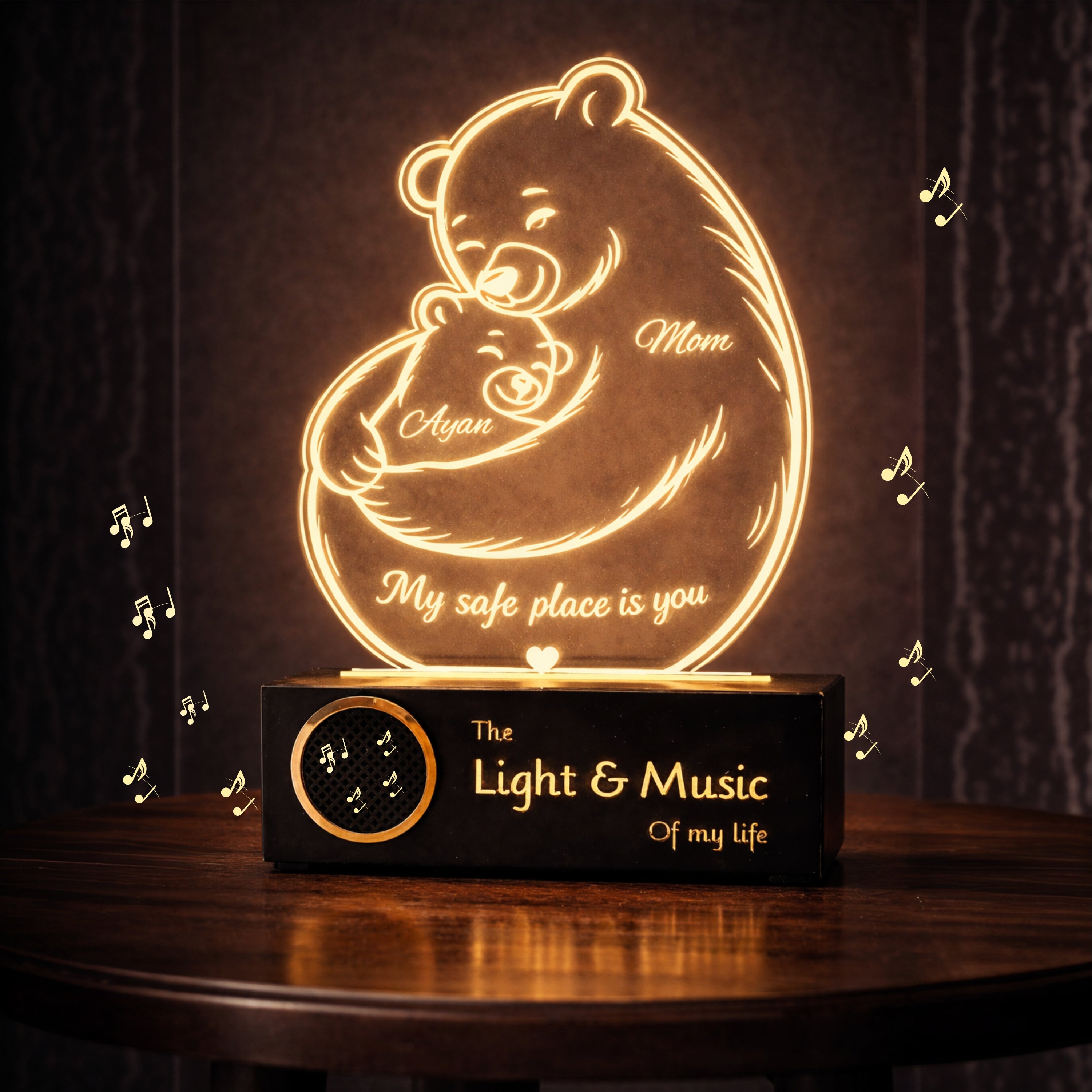 Mamma Bear Hug Lamp – Personalized LED Acrylic Night Lamp for Mom | Custom Name Gift | ‘My Safe Place Is You’ Mother’s Day, Birthday, Emotional Gift for Mom