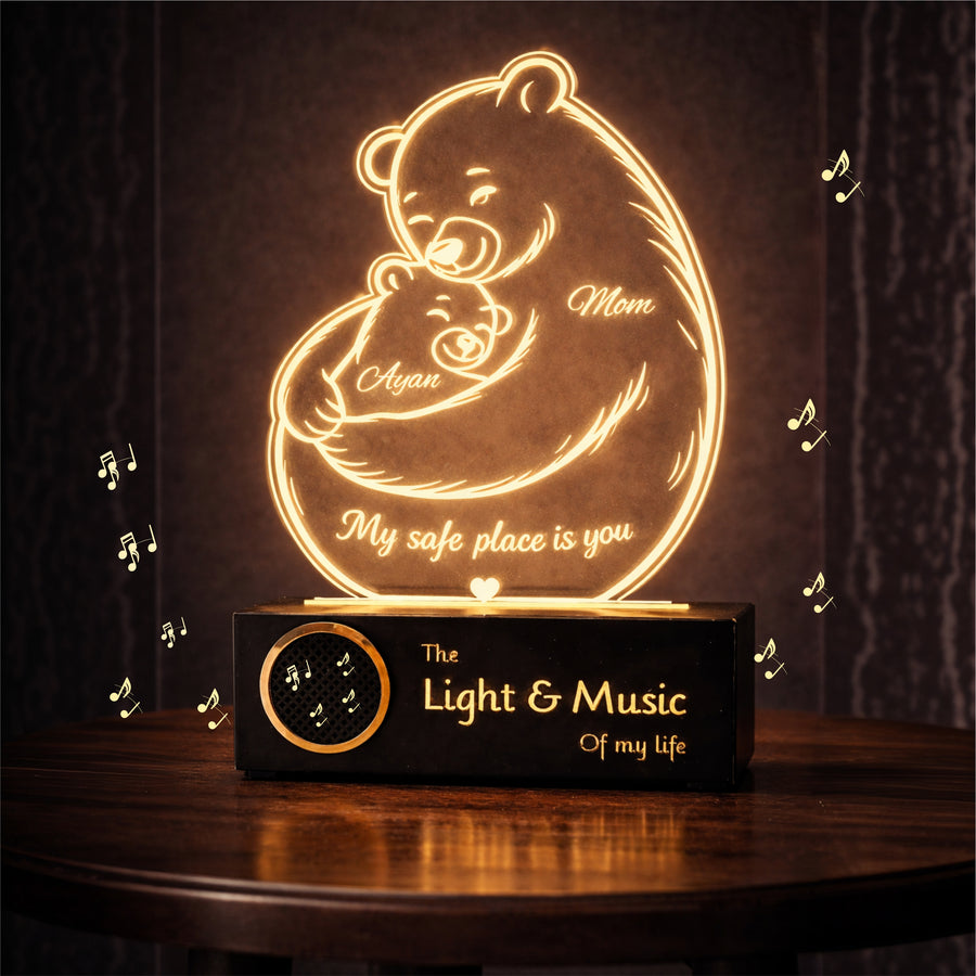 Mamma Bear Hug Lamp – Personalized LED Acrylic Night Lamp for Mom | Custom Name Gift | ‘My Safe Place Is You’ Mother’s Day, Birthday, Emotional Gift for Mom