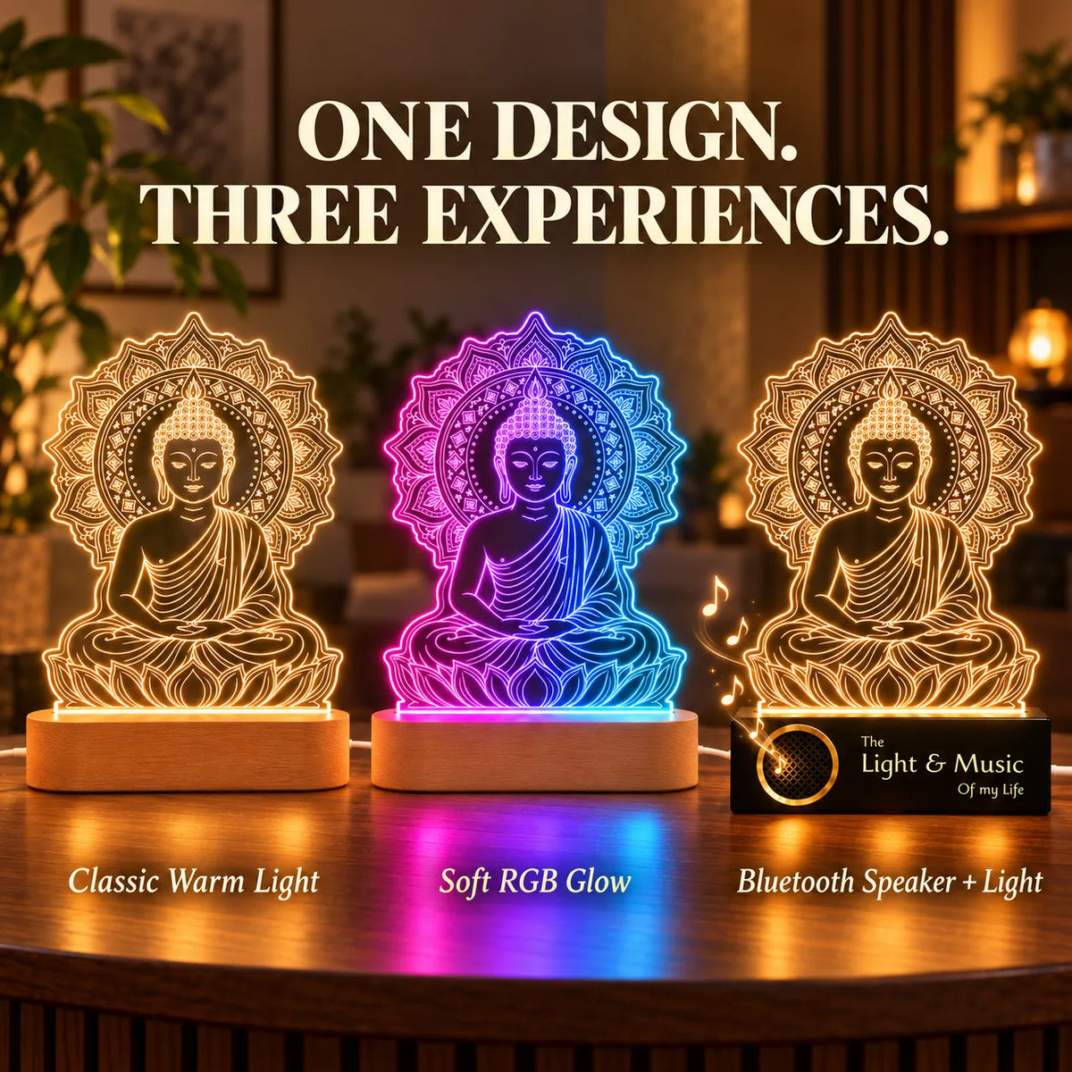 Gautam Buddha Statue LED Lamp – Mandala Buddha Showpiece for Home Decor
