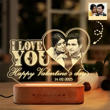 IllumiLove Personalized Acrylic LED Lamp – Custom Photo & Message Engraved Heart Design with Wooden Base, Perfect Valentine’s Day Gift