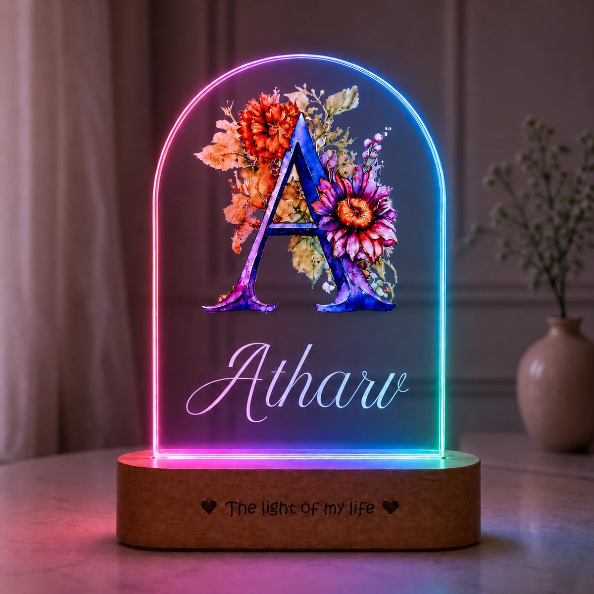 Birthday Gift for Son – Personalised Name LED Lamp with Wooden Base