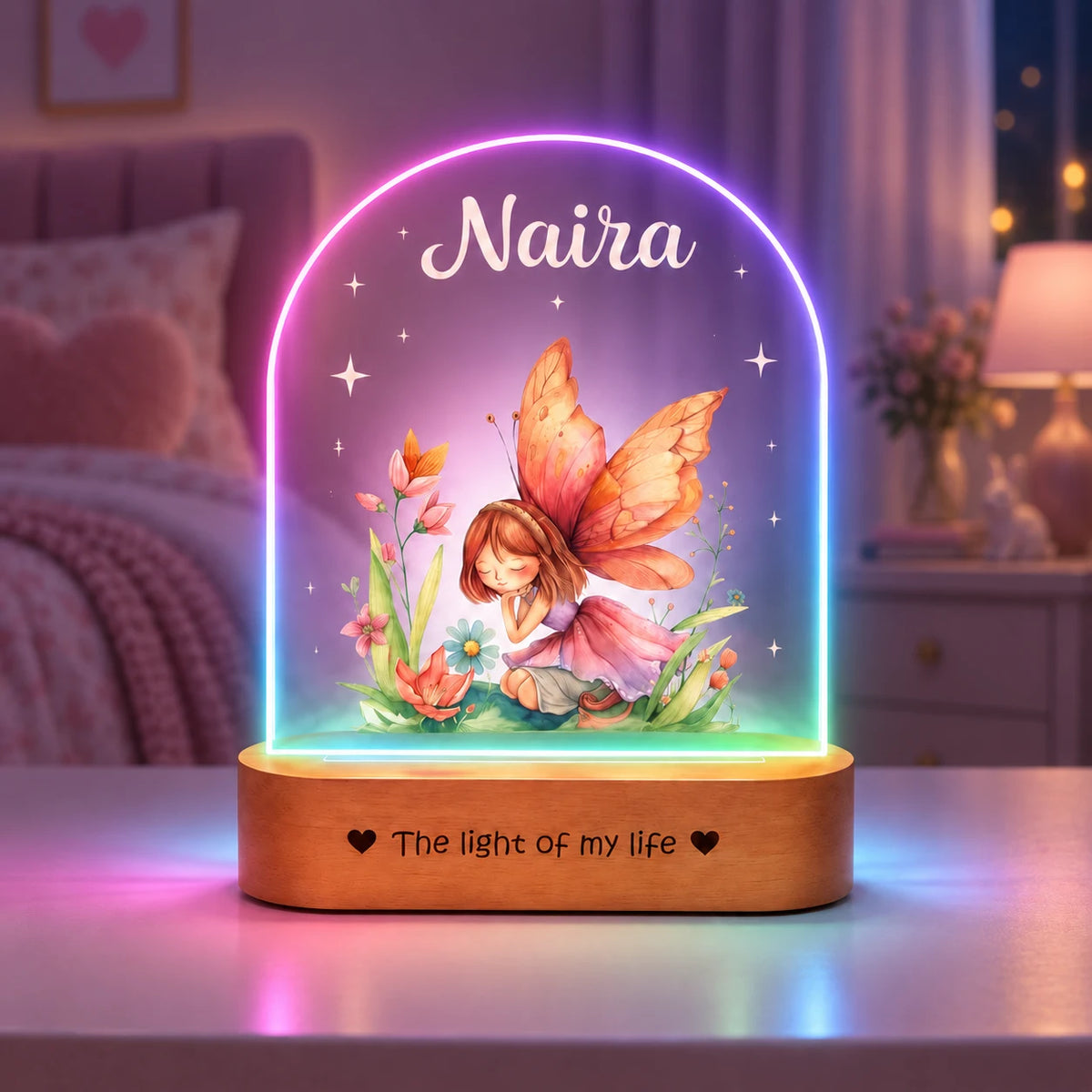 Personalized Name Night Lamp for Daughter | Custom Fairy LED Lamp | Birthday Gift for Daughter | Baby Girl Room Decor | 8x6x2 Inch Acrylic Lamp with Wooden Base