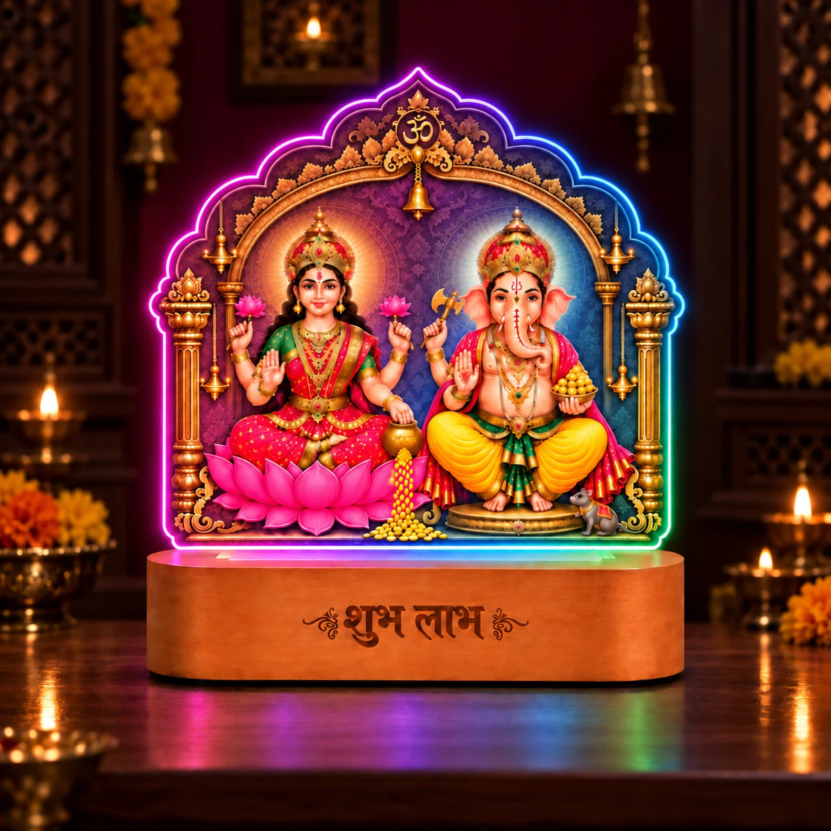 Diwali Gift Lakshmi Ganesh LED Lamp | 5 mm Acrylic Pooja Room Frame with Wooden Base