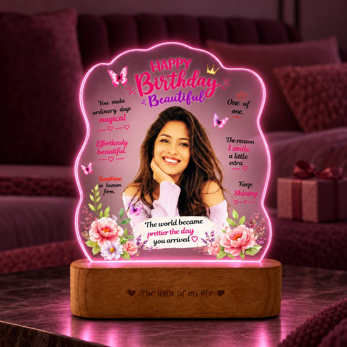 Birthday Gift for Girlfriend – Personalised Photo LED Lamp with Wooden Base