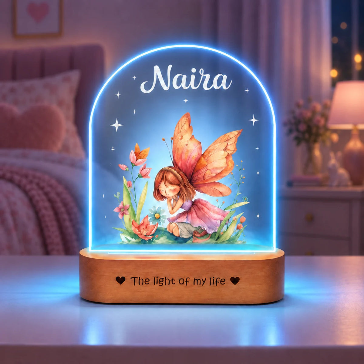 Personalized Name Night Lamp for Daughter | Custom Fairy LED Lamp | Birthday Gift for Daughter | Baby Girl Room Decor | 8x6x2 Inch Acrylic Lamp with Wooden Base