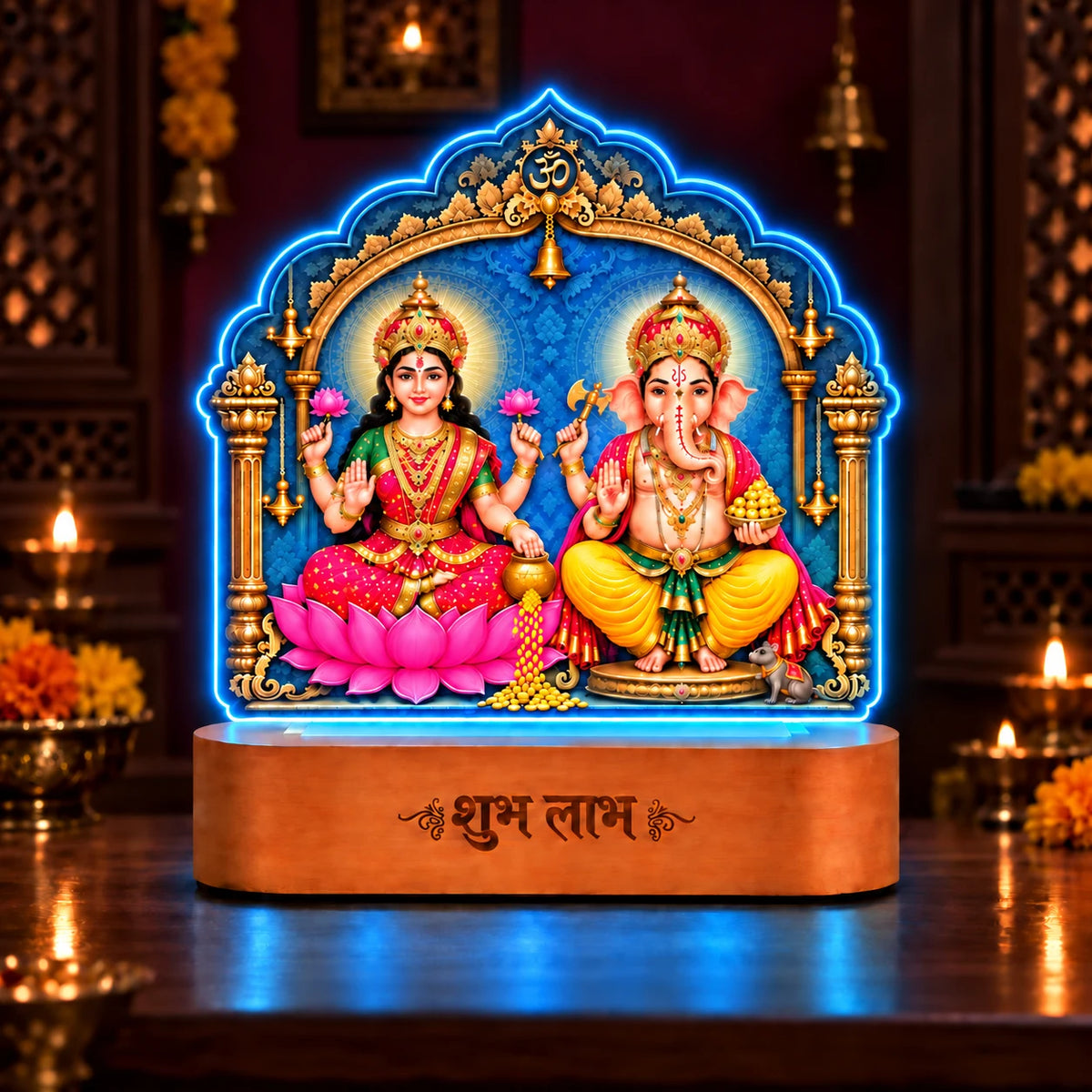 Diwali Gift Lakshmi Ganesh LED Lamp | 5 mm Acrylic Pooja Room Frame with Wooden Base
