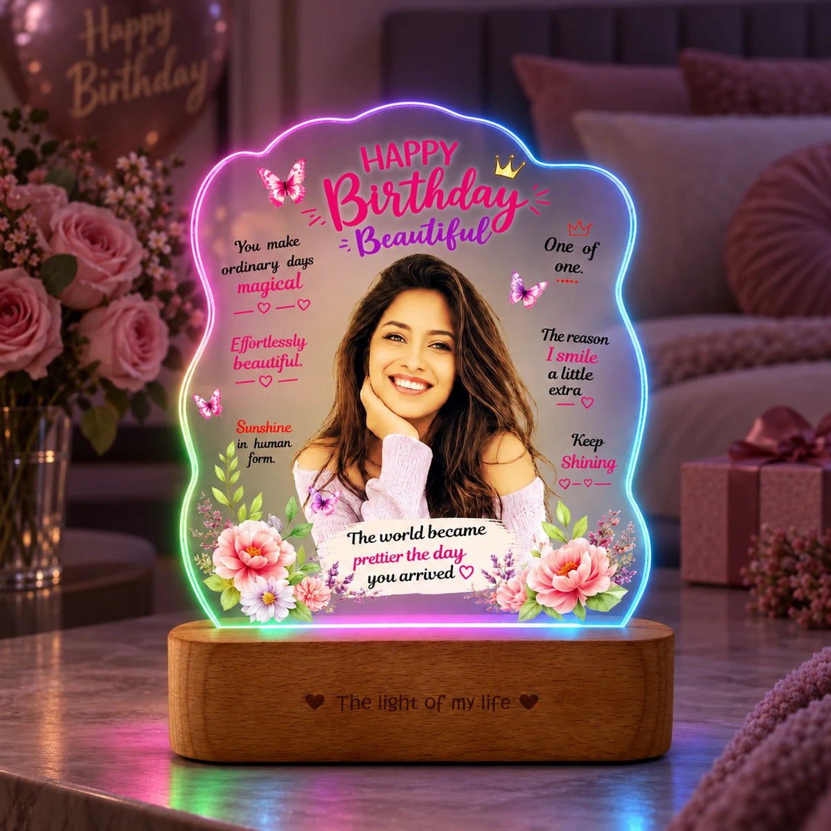 Birthday Gift for Girlfriend – Personalised Photo LED Lamp with Wooden Base