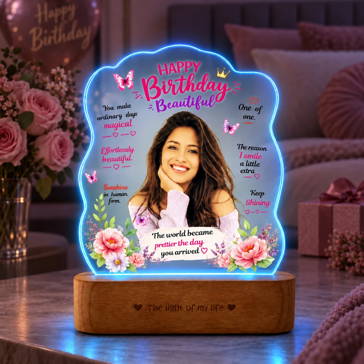 Birthday Gift for Girlfriend – Personalised Photo LED Lamp with Wooden Base