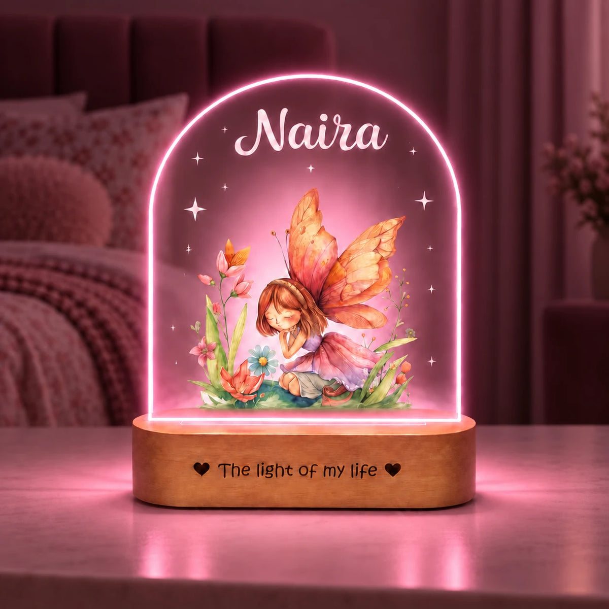 Personalized Name Night Lamp for Daughter | Custom Fairy LED Lamp | Birthday Gift for Daughter | Baby Girl Room Decor | 8x6x2 Inch Acrylic Lamp with Wooden Base
