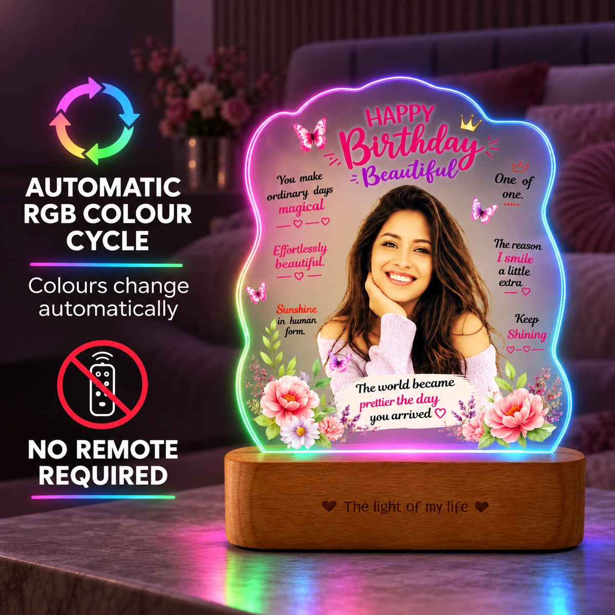 Birthday Gift for Girlfriend – Personalised Photo LED Lamp with Wooden Base