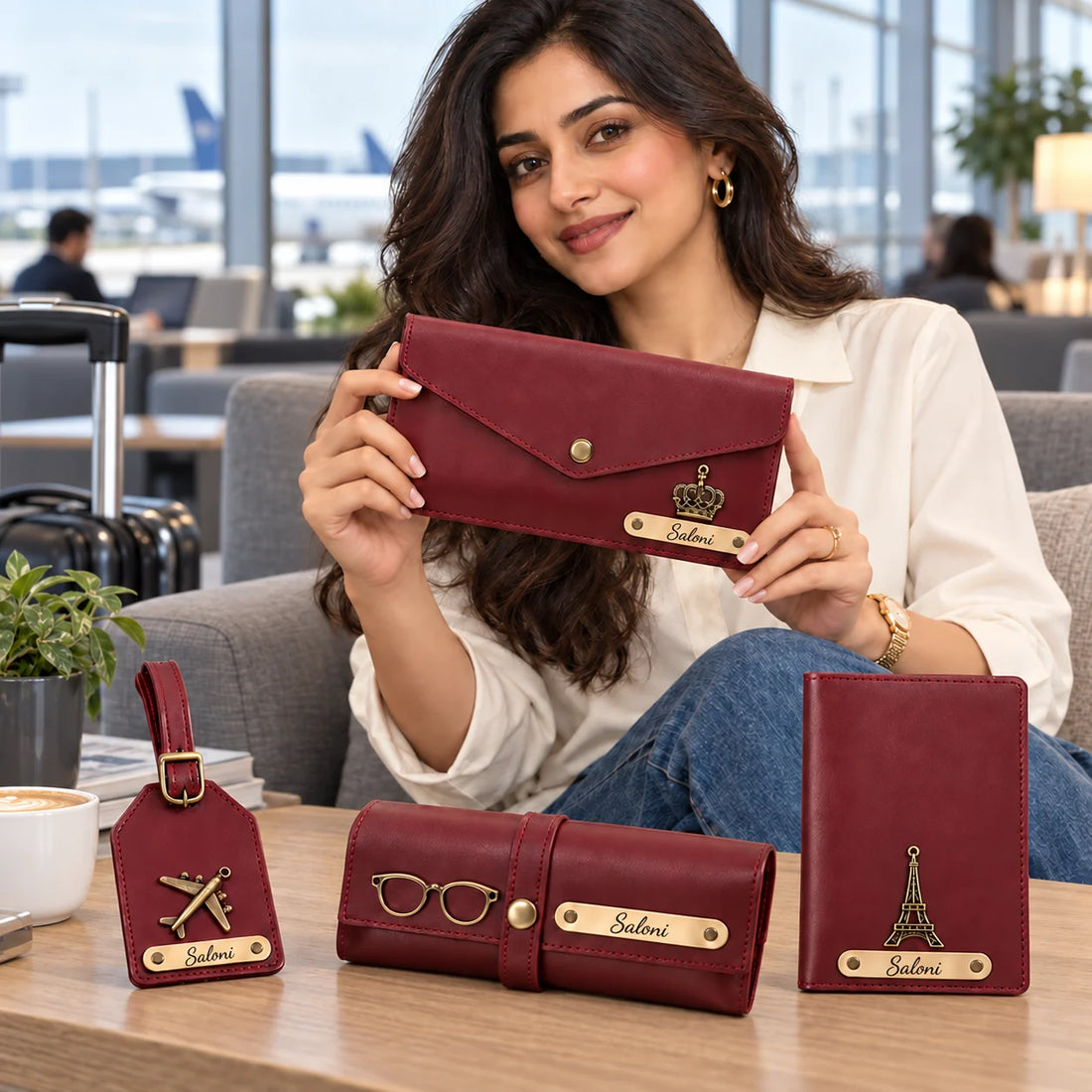 Personalized Gift for Women | 4-Piece PU Leather Travel Gift Set with Ladies Purse, Passport Cover, Sunglasses Case & Luggage Tag | Gifts for Her, Girlfriend, Birthday & Anniversary