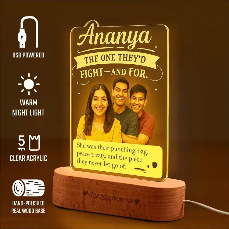 Punching Bag Princess - Personalized Rakhi Gift for Sister with Two Brothers | LED Acrylic Photo Lamp