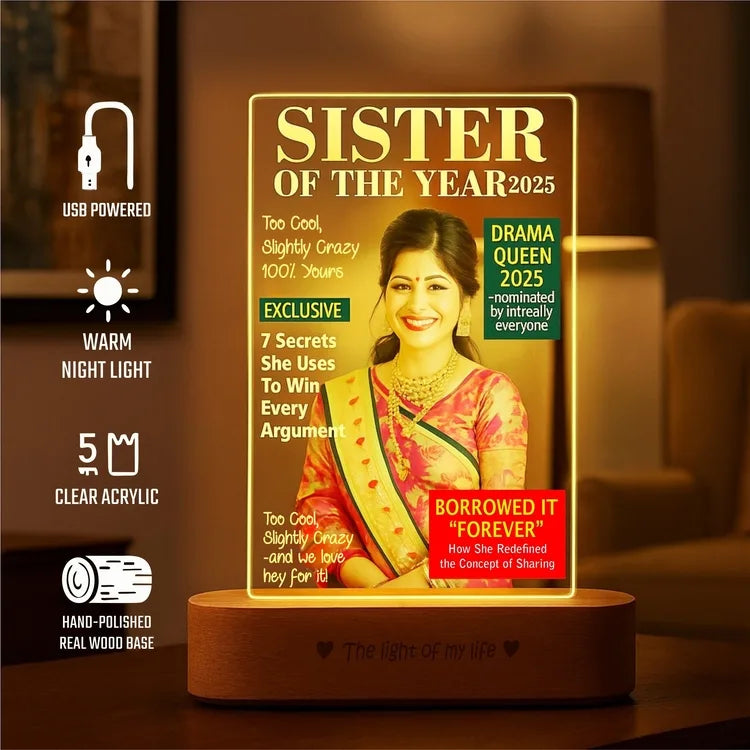 Sister of the Year 2025 – Funny LED Sister Photo Frame | Personalized Gift