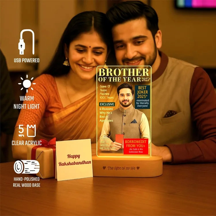 Brother of the Year 2025 – Funny LED Brother Photo Frame | Personalized Gift
