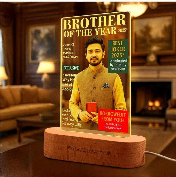 Brother of the Year 2025 – Funny LED Brother Photo Frame | Personalized Gift
