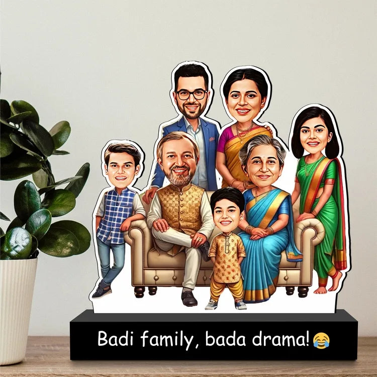Big Family Caricature Standee – “Badi Family, Bada Drama! 😂” | Up to 7 Faces | Personalized Gift | Acrylic + MDF | 7x6x2 inch