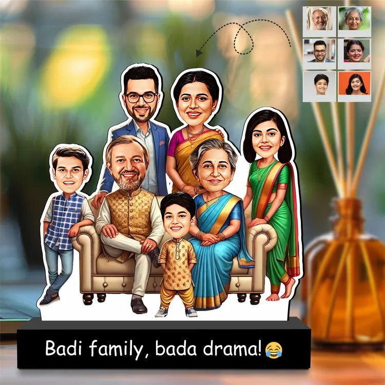 Big Family Caricature Standee – “Badi Family, Bada Drama! 😂” | Up to 7 Faces | Personalized Gift | Acrylic + MDF | 7x6x2 inch