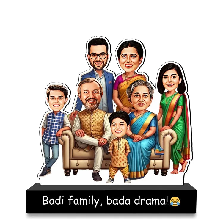Big Family Caricature Standee – “Badi Family, Bada Drama! 😂” | Up to 7 Faces | Personalized Gift | Acrylic + MDF | 7x6x2 inch
