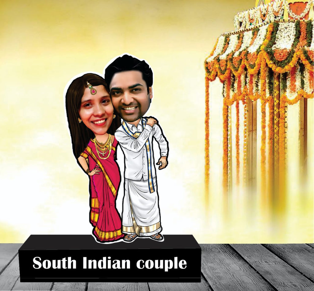 South Indian couple wedding caricature standee