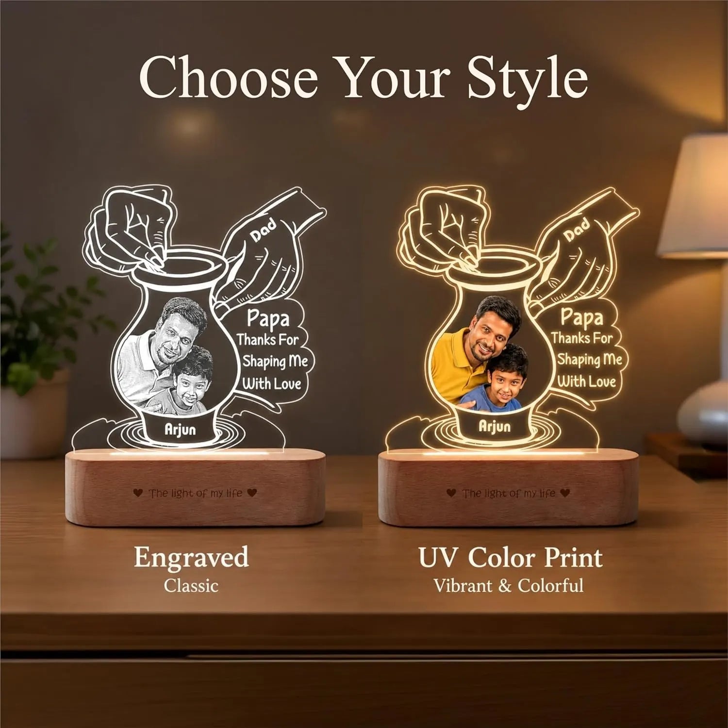 Creative Father’s Day Gift – Personalized Pottery-Themed Lamp with Dad & Kid Photo | Custom Name LED Light with Wooden Base