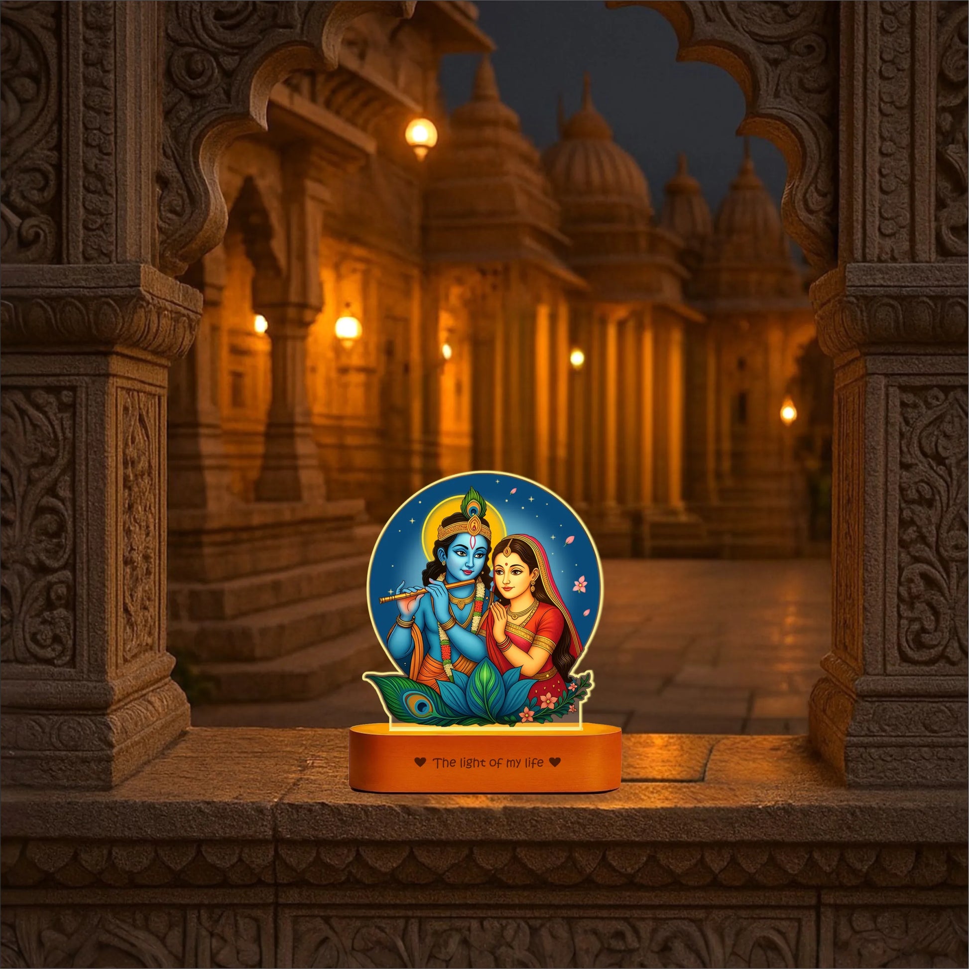 Radha Krishna LED Lamp | Divine Acrylic Night Light with Wooden Base (7×6×2 in)
