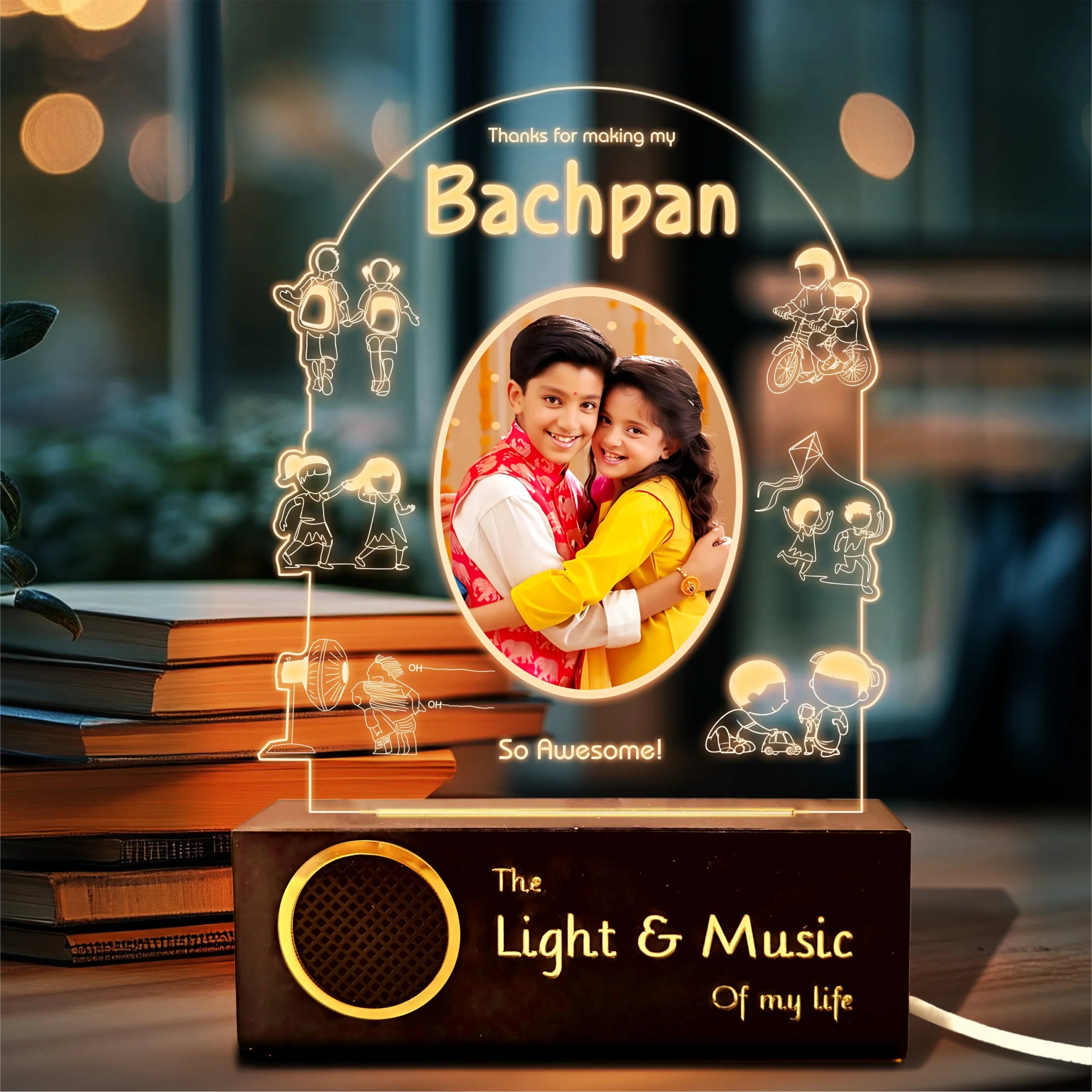 Bachpan Glow – Rakhi Gift with Childhood Photo India | Personalized Acrylic Lamp with Wooden Base (9x6")