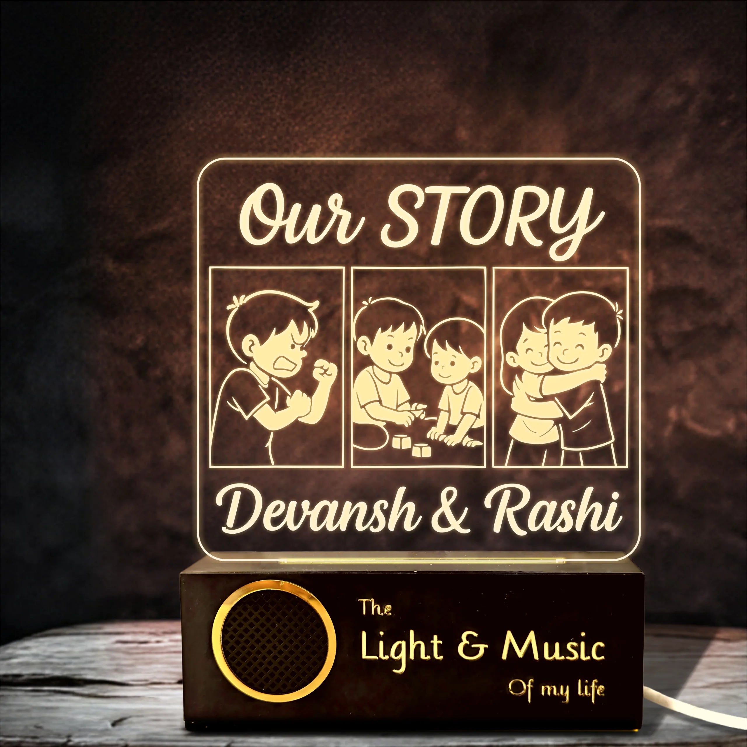 Our Story – Funny Rakhi Gift for Brother India | Personalized Acrylic Lamp with Name & Sibling Comics (8x6")