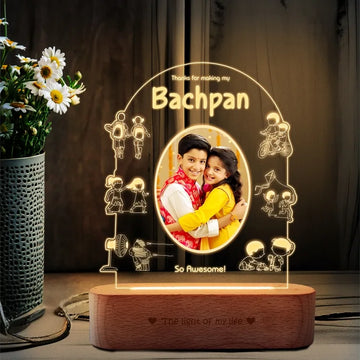 Bachpan Glow – Rakhi Gift with Childhood Photo India | Personalized Acrylic Lamp with Wooden Base (9x6")
