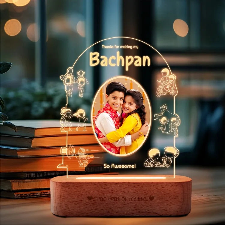Bachpan Glow – Rakhi Gift with Childhood Photo India | Personalized Acrylic Lamp with Wooden Base (9x6")