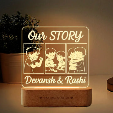Our Story – Funny Rakhi Gift for Brother India | Personalized Acrylic Lamp with Name & Sibling Comics (8x6")