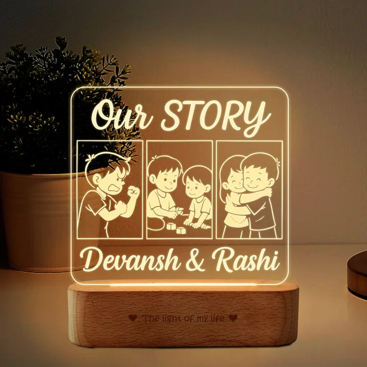 Our Story – Funny Rakhi Gift for Brother India | Personalized Acrylic Lamp with Name & Sibling Comics (8x6")