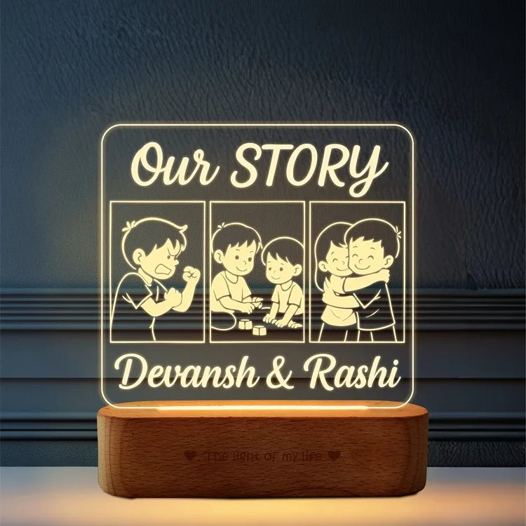 Our Story – Funny Rakhi Gift for Brother India | Personalized Acrylic Lamp with Name & Sibling Comics (8x6")