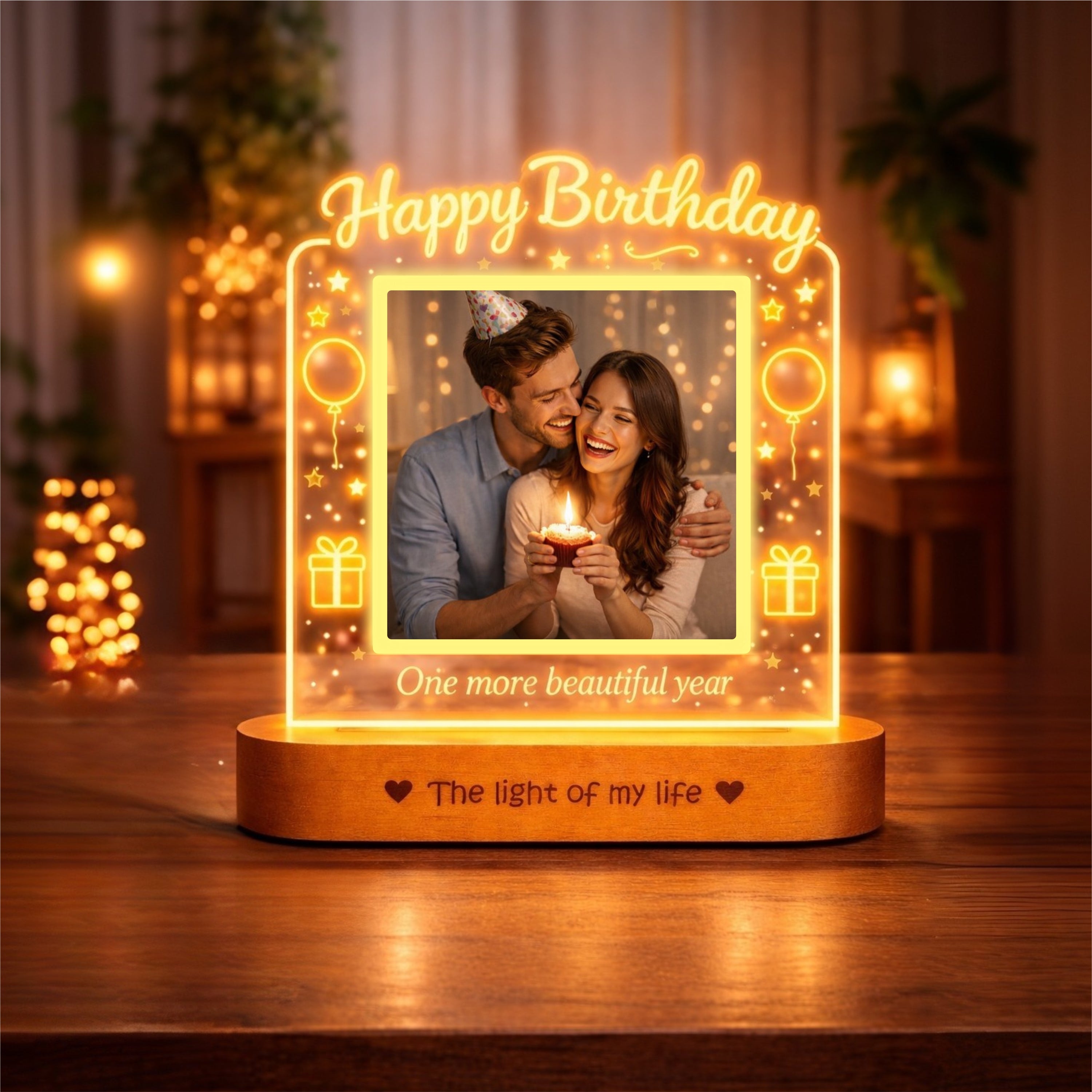Birthday Gift for Wife, Mom – Personalized Photo Lamp with LED Glow | Custom Printed Happy Birthday Frame