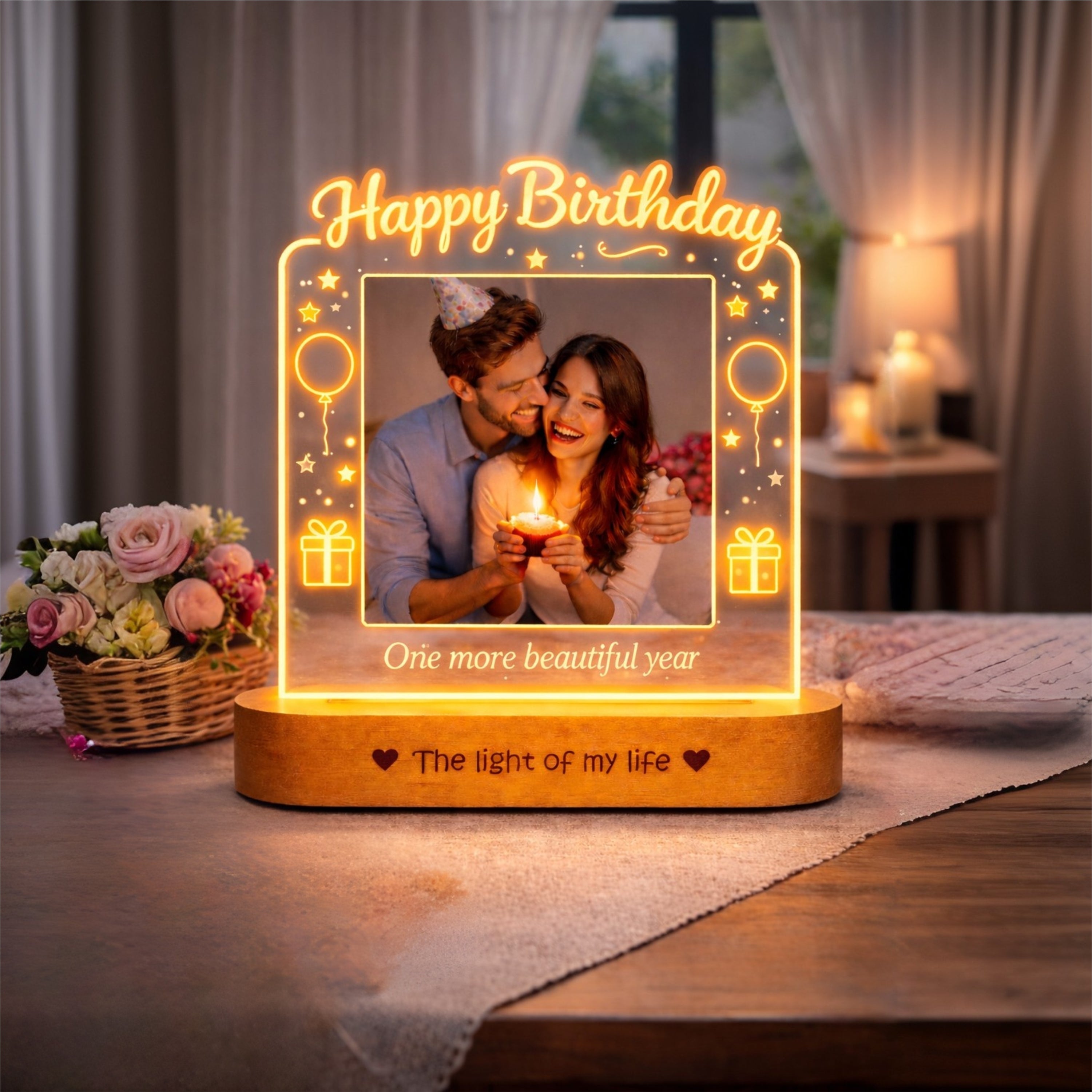 Birthday Gift for Wife, Mom – Personalized Photo Lamp with LED Glow | Custom Printed Happy Birthday Frame