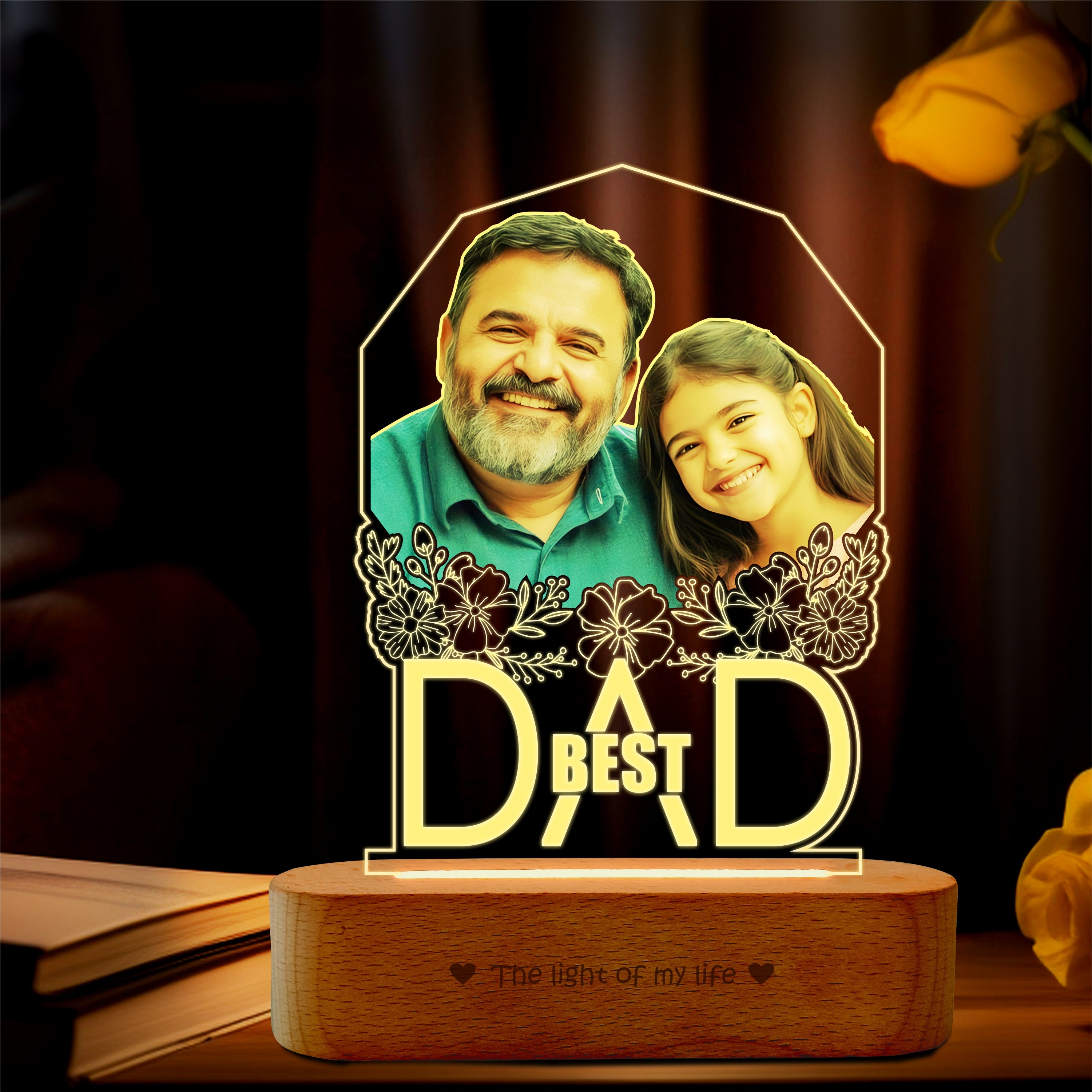 Best Father’s Day Gift – Custom Engraved Acrylic Lamp with Photo & "Best Dad" Quote | Warm Wooden Base