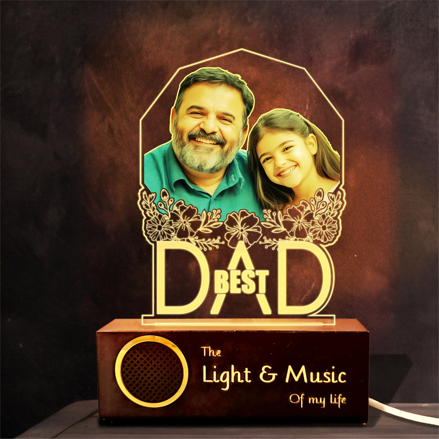 Best Father’s Day Gift – Custom Engraved Acrylic Lamp with Photo & "Best Dad" Quote | Warm Wooden Base