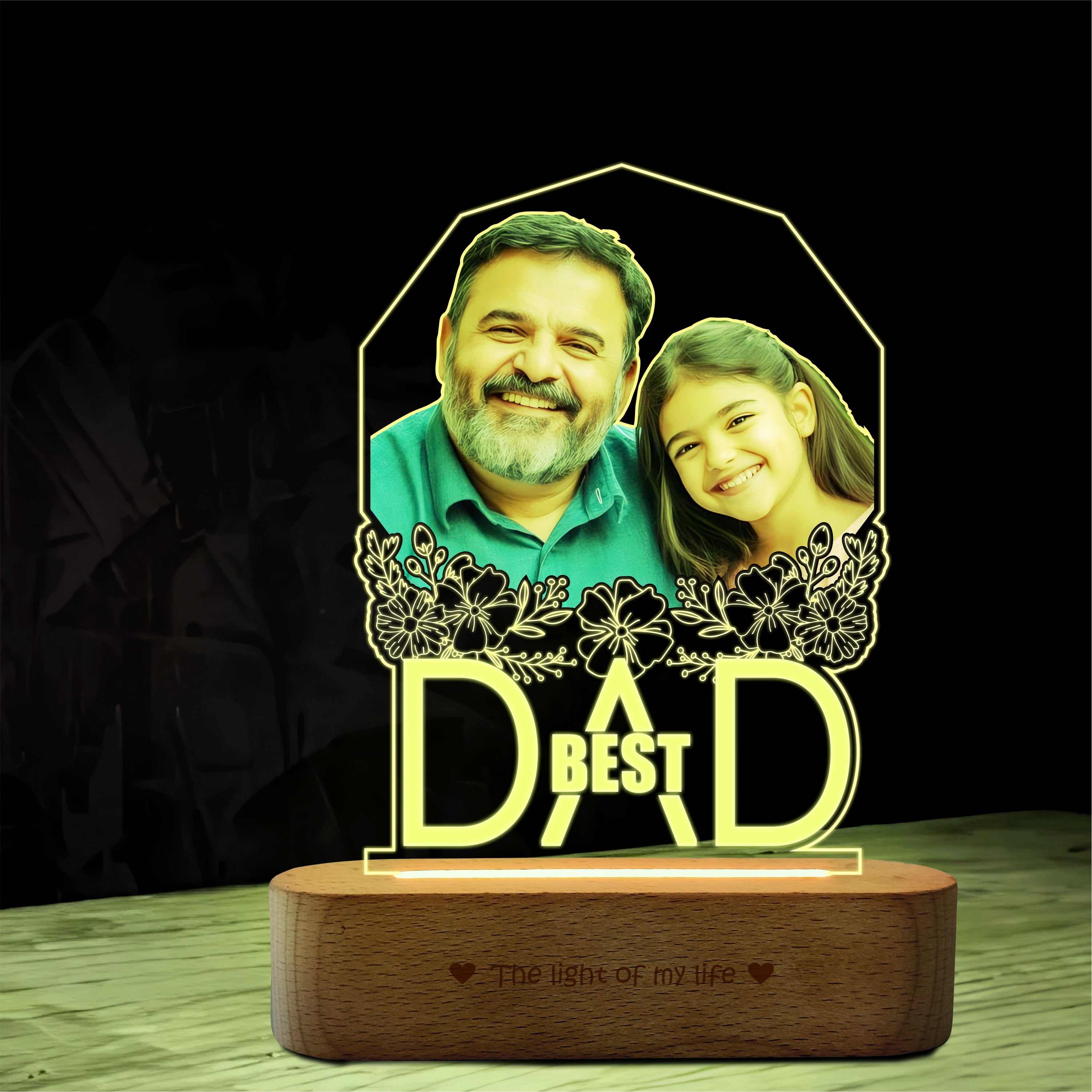 Best Father’s Day Gift – Custom Engraved Acrylic Lamp with Photo & "Best Dad" Quote | Warm Wooden Base