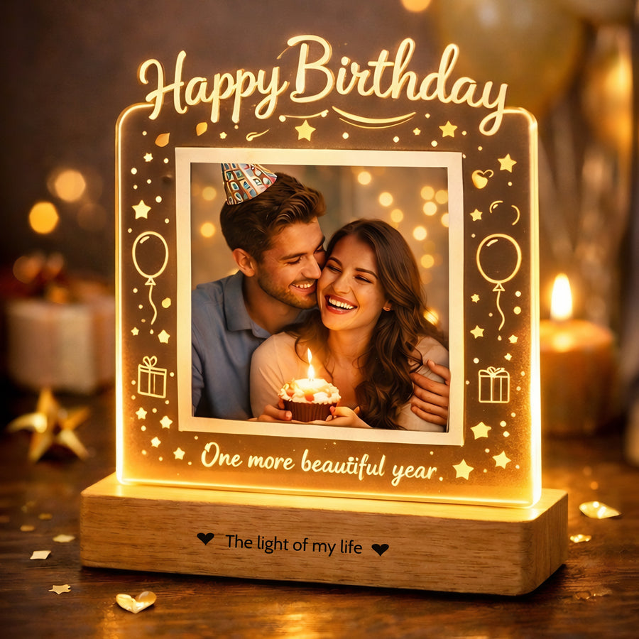Birthday Gift for Wife, Mom – Personalized Photo Lamp with LED Glow | Custom Printed Happy Birthday Frame